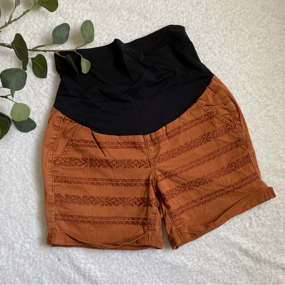 A:Glow | full panel maternity rust colored embroidered shorts - Picture 2 of 6